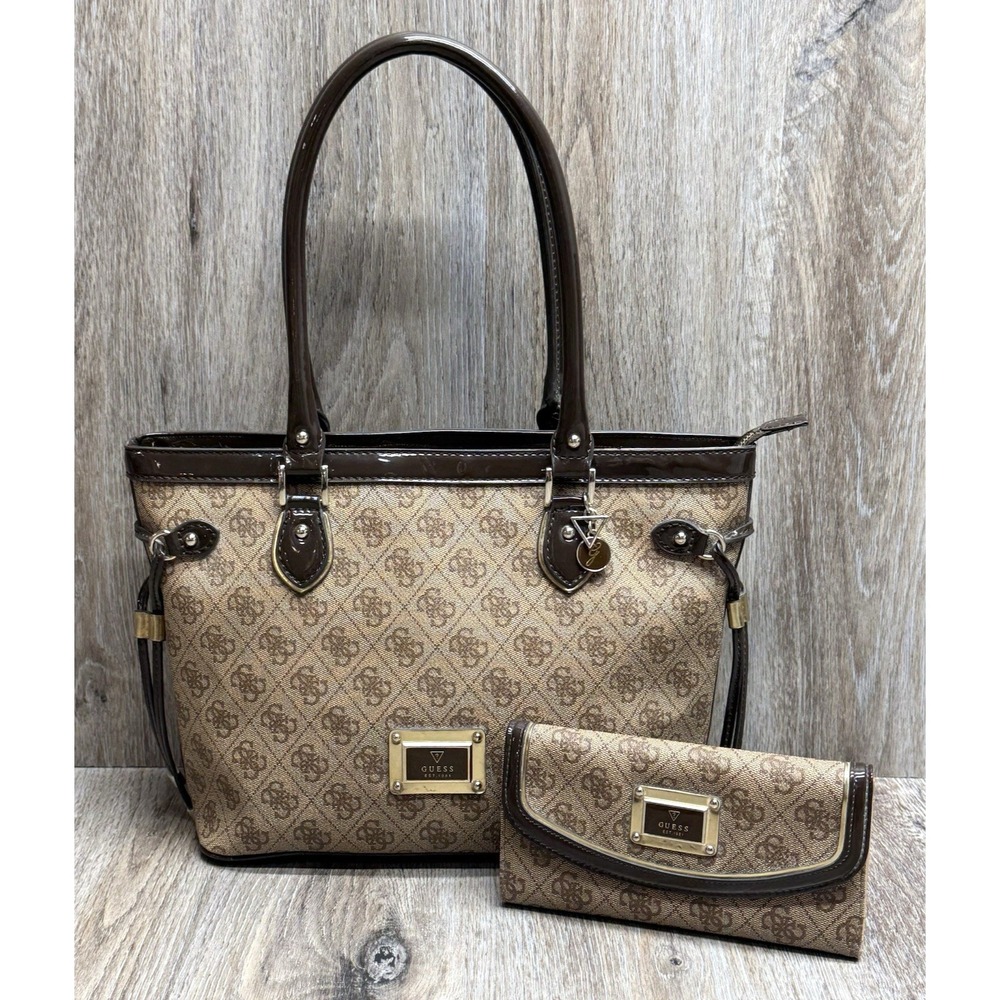 ☆ Guess Logo Print Satchel Handbag Purse + Wallet  Brown Multicolor Please Read
